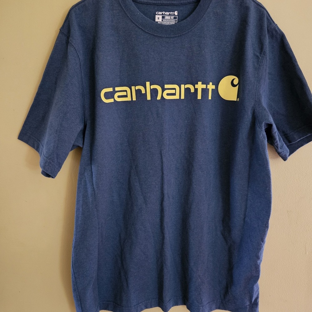 Medium Carhartt Men's T-shirt Loose Fit Navy Blue Polyester Cotton Yellow Logo